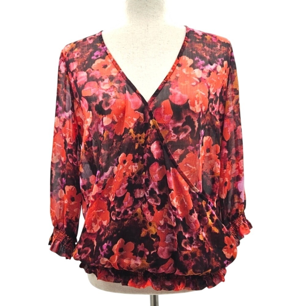 New York & Company Red Floral Chiffon Surplice Blouse Smocked Waist XS
